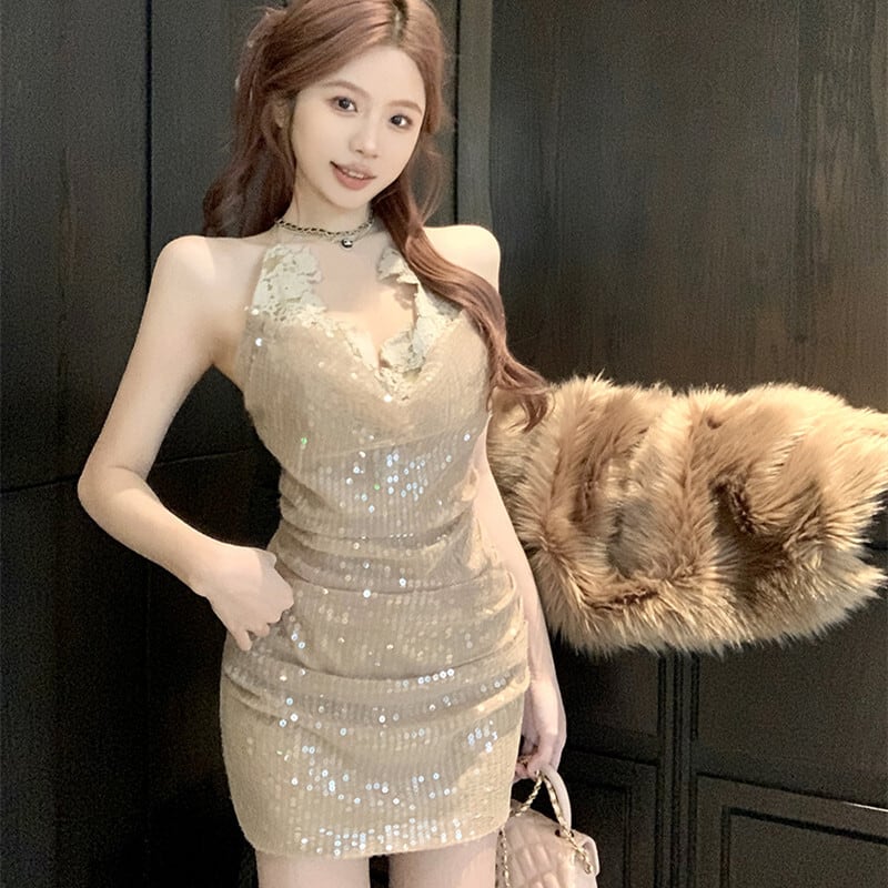 【dress】スパンコールホルターネックワンピース　M30063