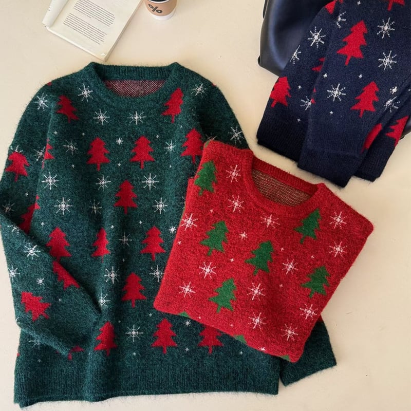 【tops】クリスマスツリージャカードニットトップス Q7469