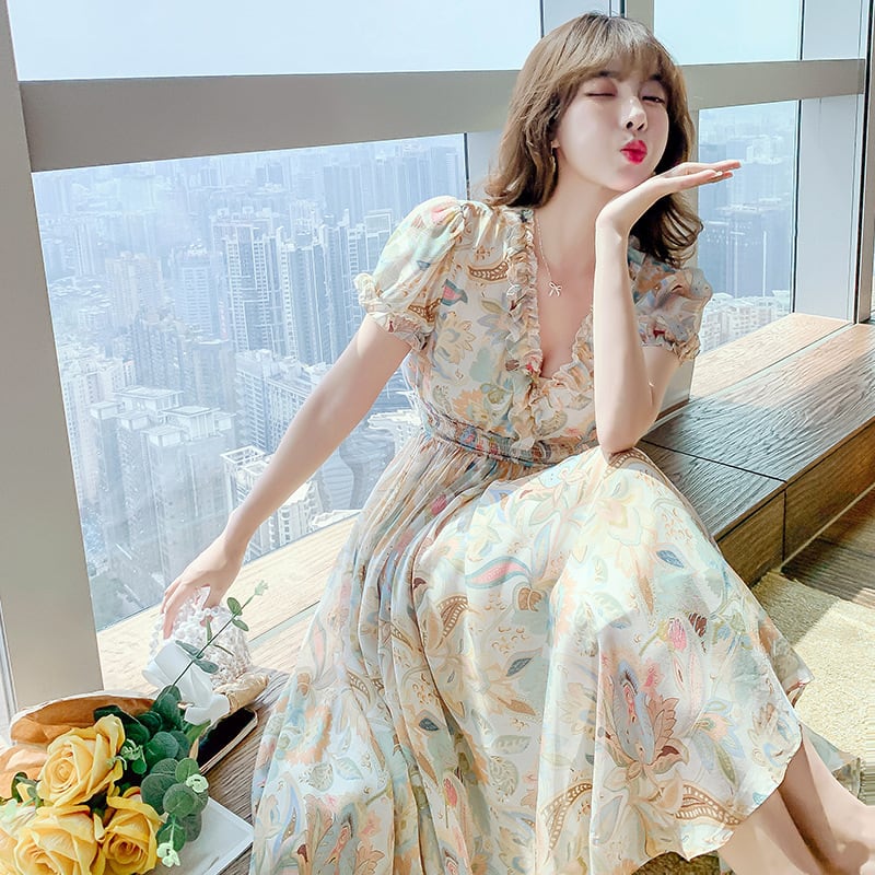 【dress】好感度満載！Vネック半袖夏海旅行シフォン花柄配色ワンピース F0343