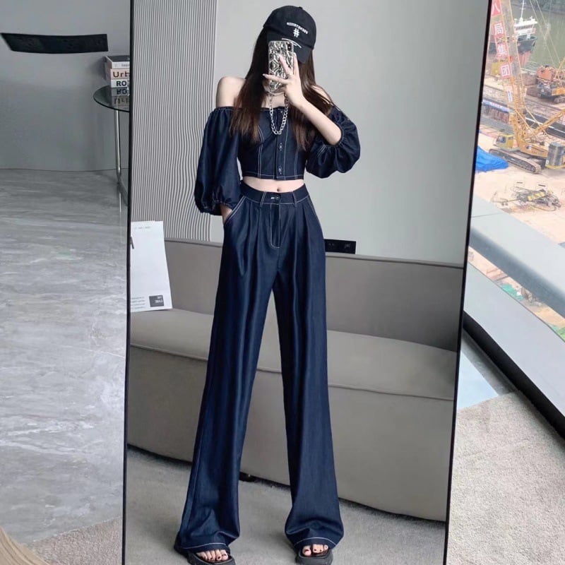 【set】オフネック半袖パフ袖ブラウス+無地ガウチョパンツ2点セットF5313