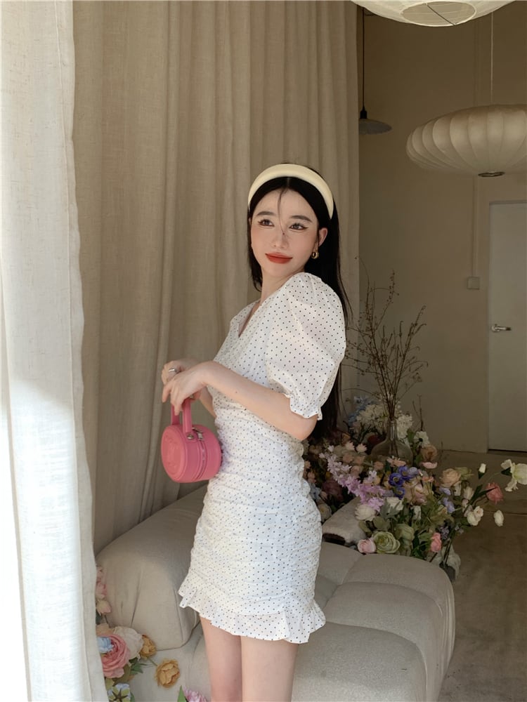 【dress】Vネックパフスリーブギャザーワンピース G21271