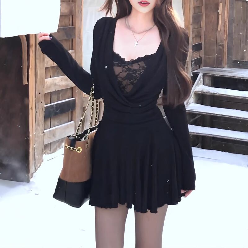 【dress】レースドッキングフレアワンピース Q7616