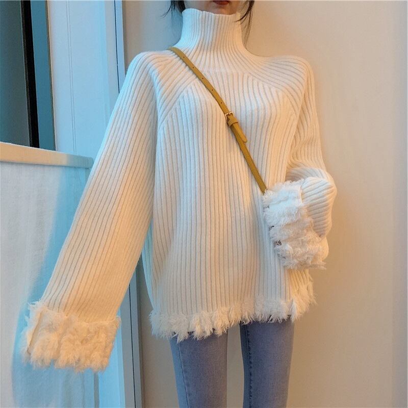 【tops】ハイネック長袖ファッション無地ゆったり着回しニットセーターF0840