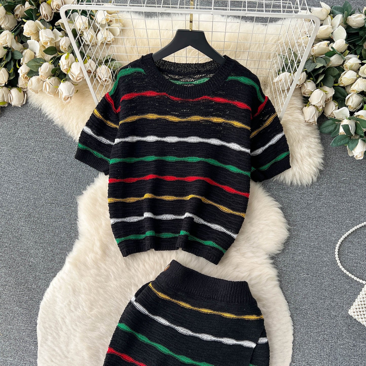 【set】ストライプ柄ニットトップス+スカート２点セットG20661