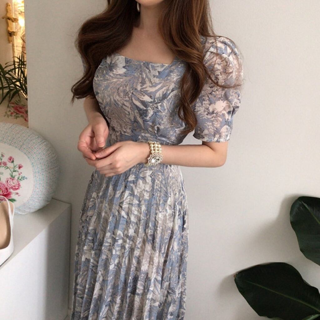 【dress】エレガント!気質満点レトロ韓流スタイルスクエアネックワンピース G6762