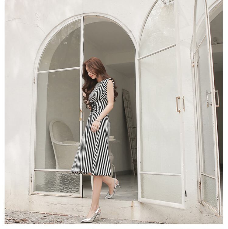 【dress】夏好感度UP!韓国風気質満点レトロラウンドネックストライプ柄ワンピース