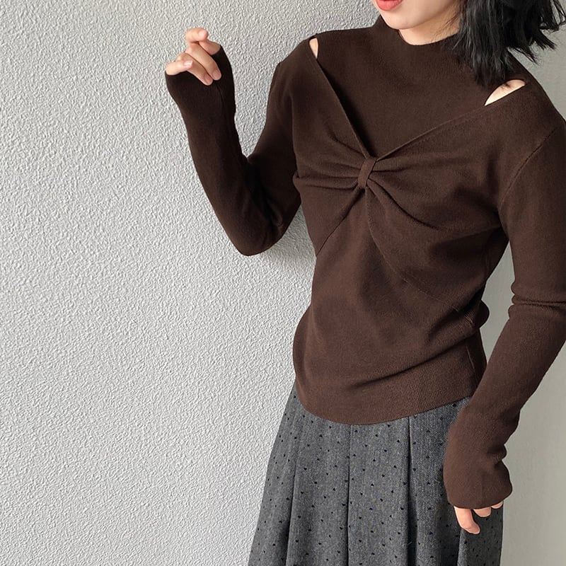 【tops】リボンフェイクレイヤードニットトップス Q7240
