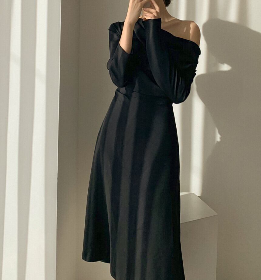 【dress】エレガント気質満点シンプル不規則着痩せハイウエスト長袖ワンピース G2964