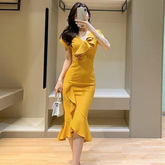 【dress】細身効果抜群♪夏新作2色Vネック半袖無地不規則フリル披露宴二次会タイトワンピースF2413