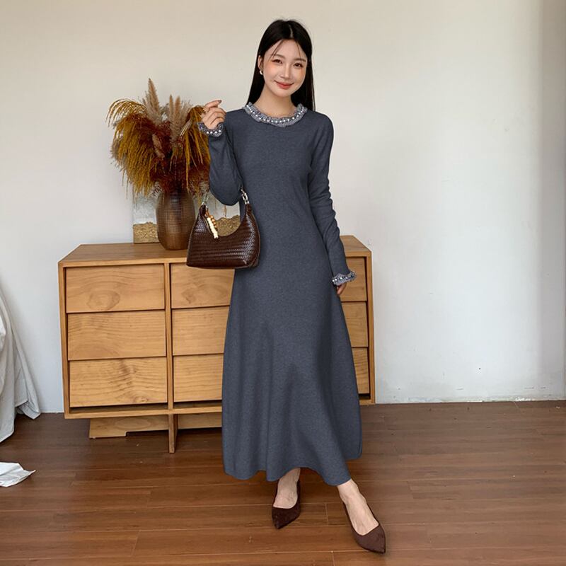【dress】パール付きニットワンピース Q7053