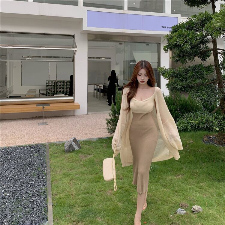 【set】好感度UP!気質満点セクシーカーディガン+キャミワンピースオシャレ２点セット G3383