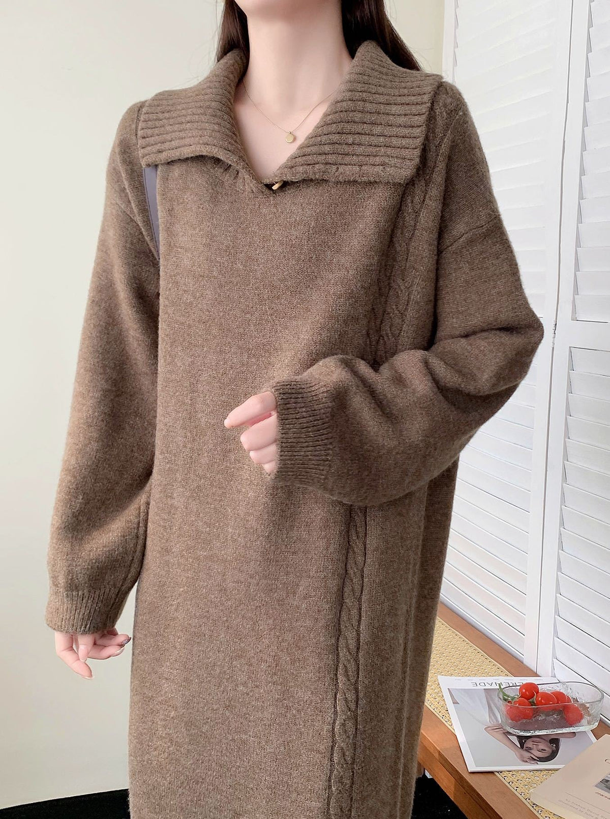 【dress】折り襟ロングニットワンピース Q7771