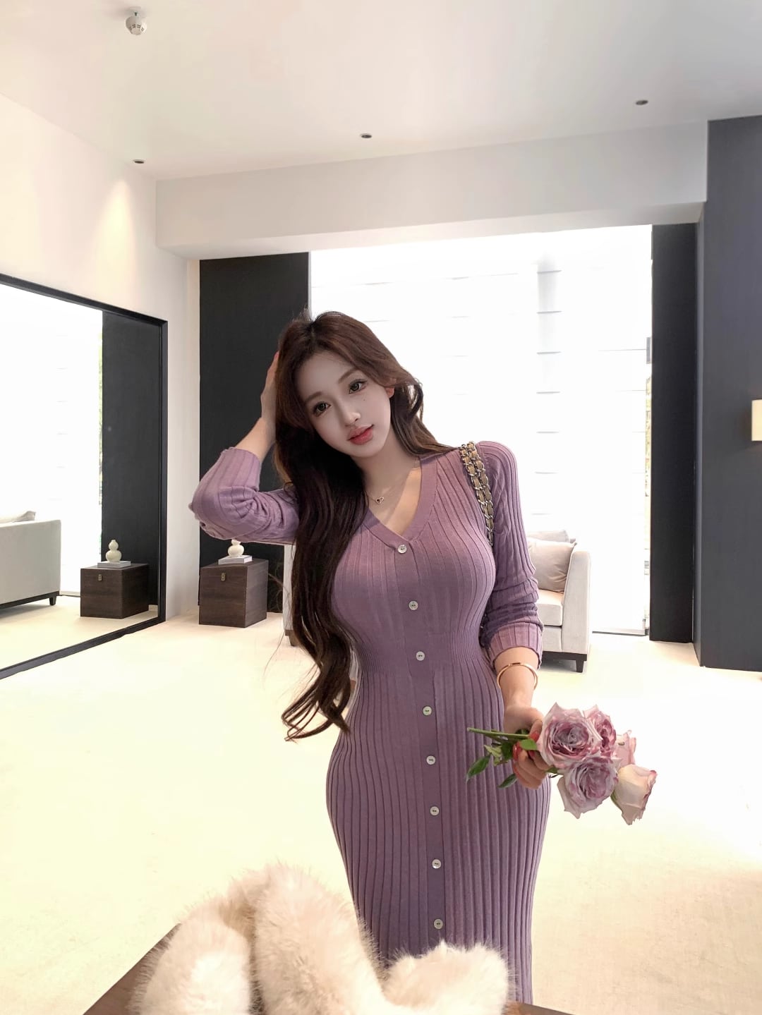 【dress】Vネックニットワンピース Q7651