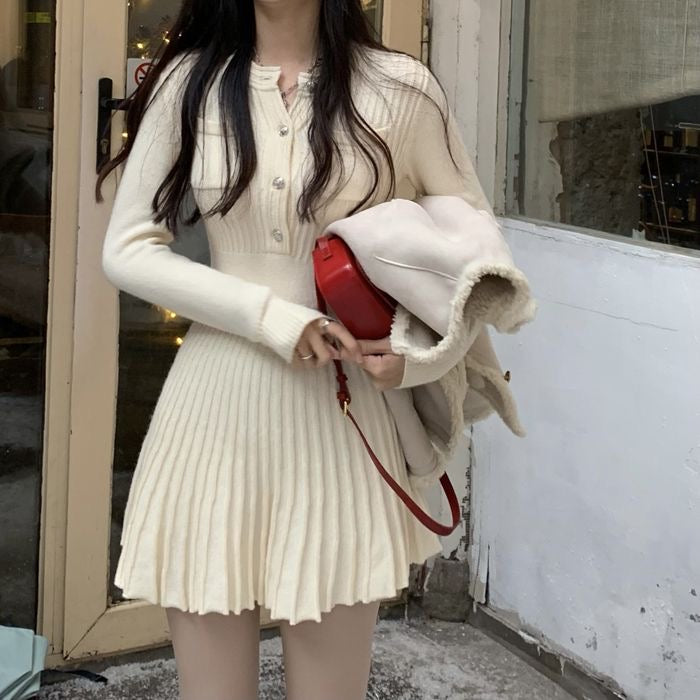 【dress】長袖AラインニットワンピースF8057