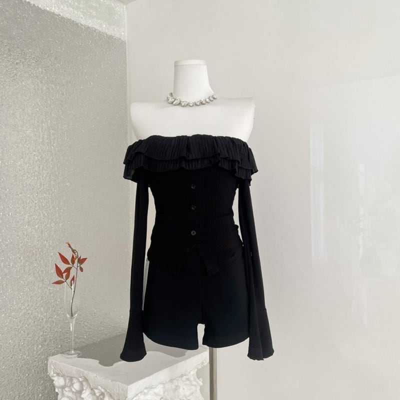 【tops】オフショルダーチュールドッキングニットトップス Q7626