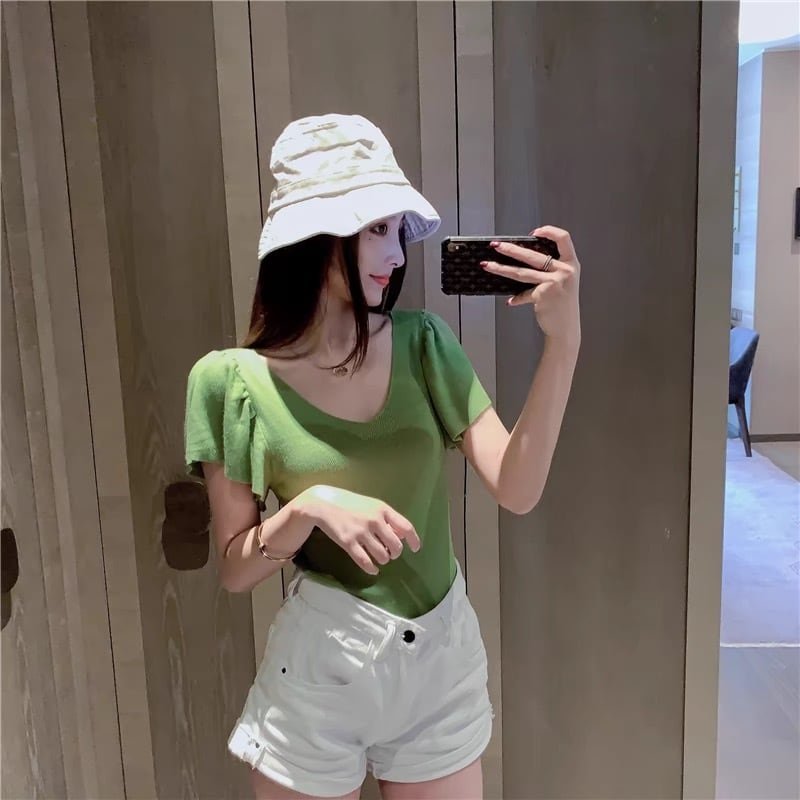 【tops】4色フレアスリーブニットＴシャツF7516