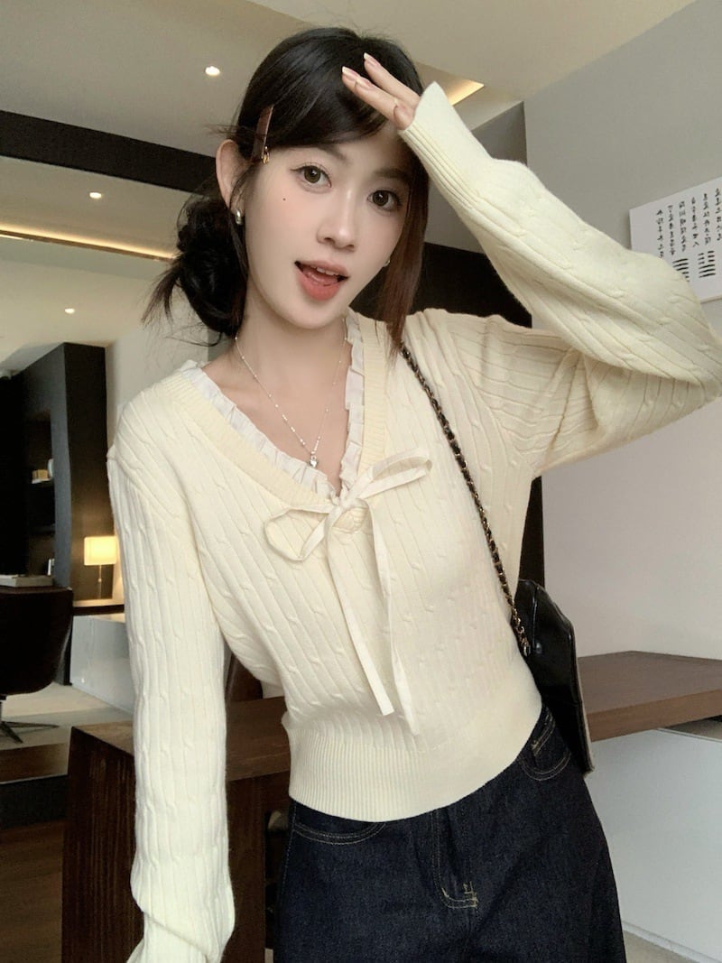 【tops】Vネックリボン付きニットトップス　M27739