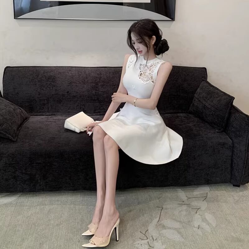 【dress】ノースリーブレースドッキングフレアニットワンピース Q7795