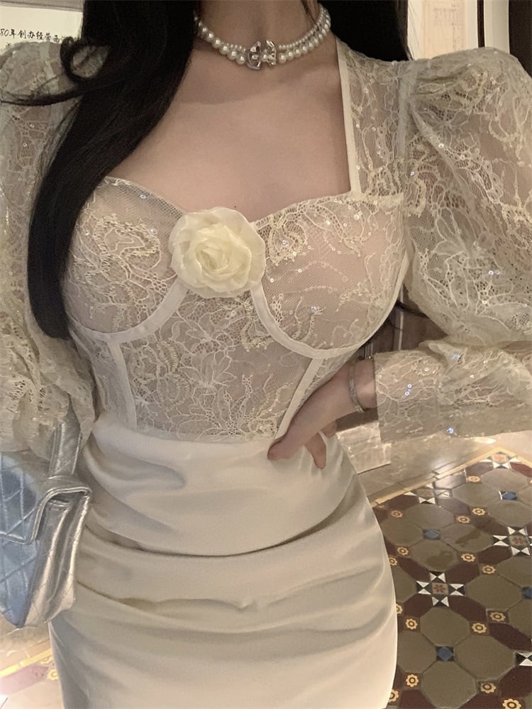 【dress】レース切り替えワンピース　M26394